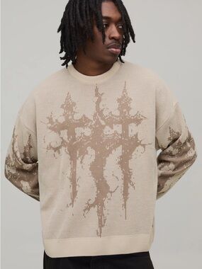 Men's Cream Graphic Knit Sweater